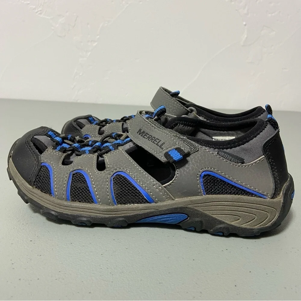 Merrell Boys H20 Hiker Hiking Sandal 4M Gray Blue Leather Upr Hook Loop Closure